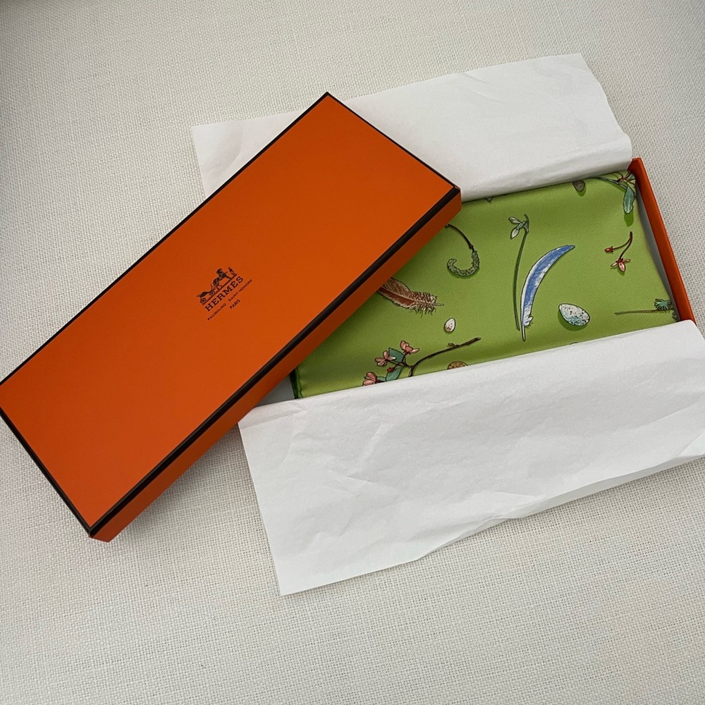 Hermes Olive Green Silk Scarf with Nature Motif